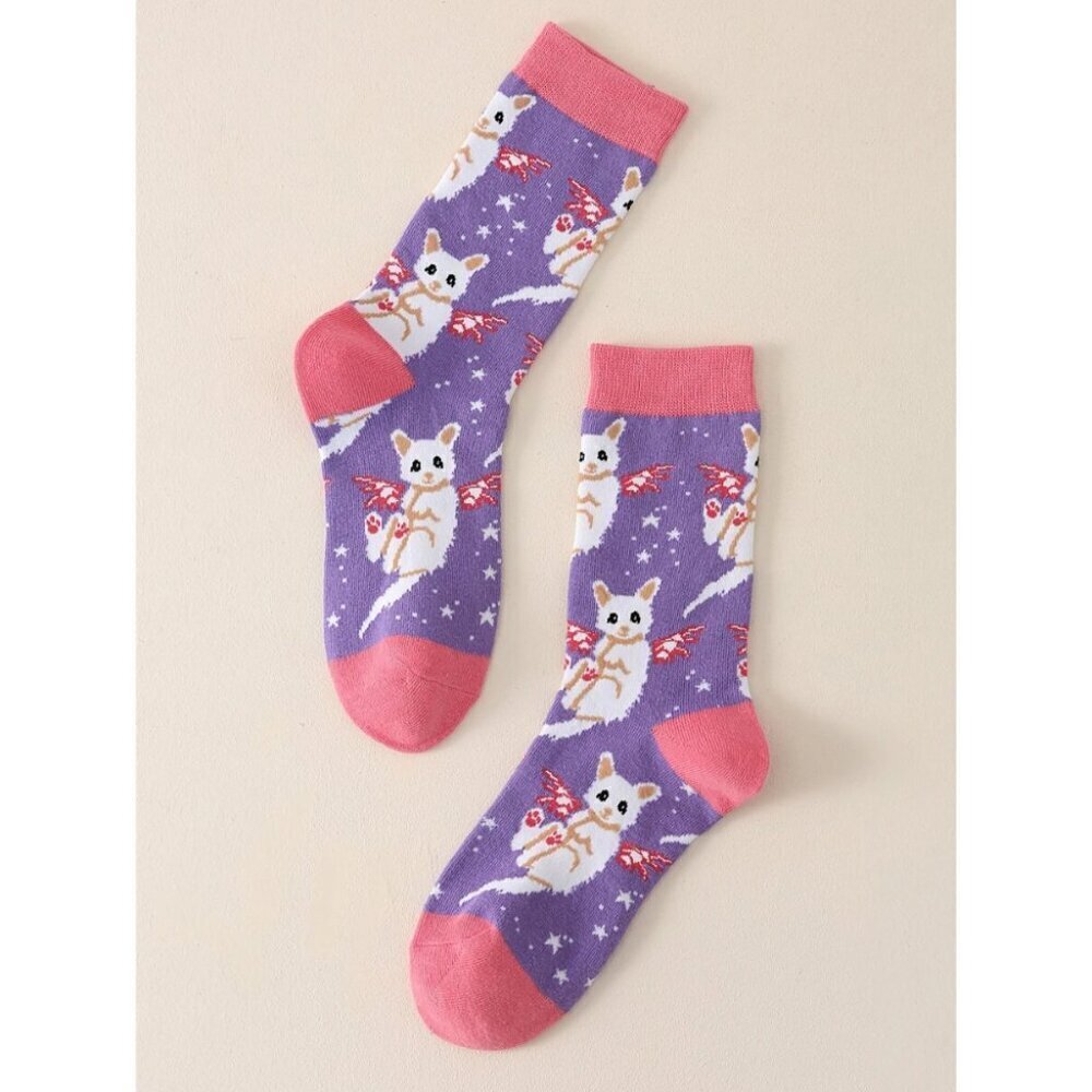 Cat Pattern Crew Socks for Womens